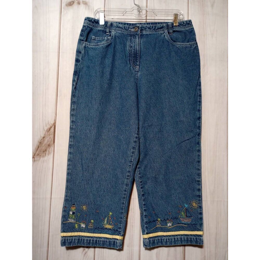 Christopher & Banks Nautical Embroidered Denim Capri Jeans Blue Womens 12 08167